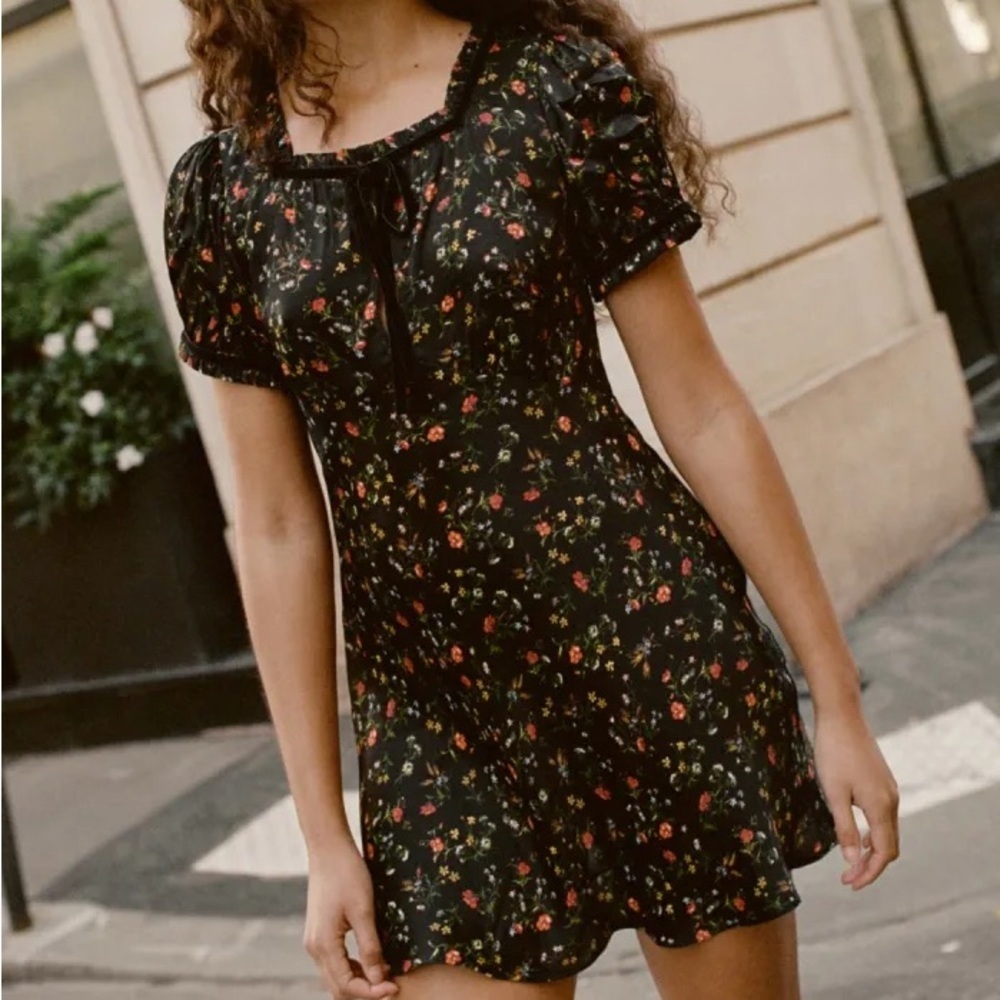 Doen Krista Satin Short Puff Sleeve Ruffle Bow Mini Dress Windswept Wildflower